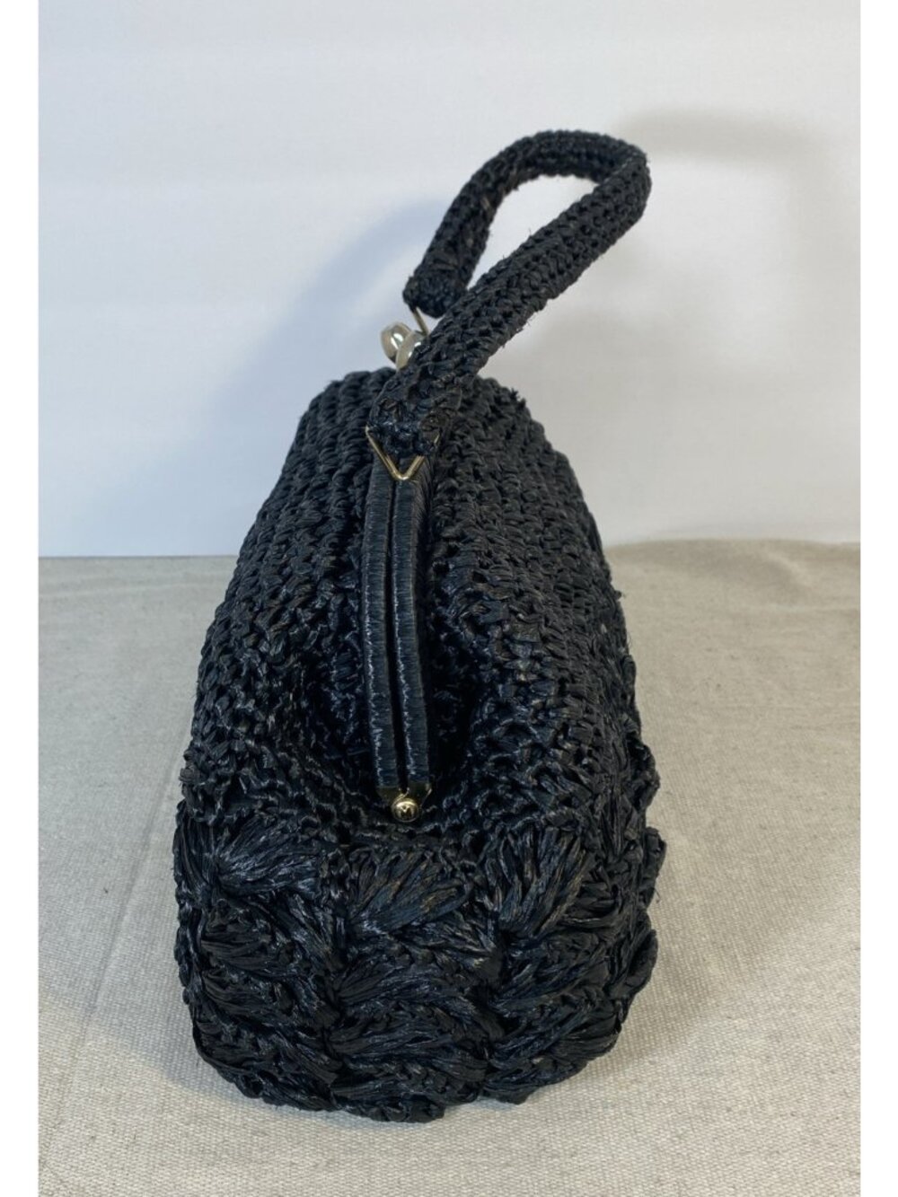 VTG Black Straw Raffia Woven 124 Japan Purse Handbag Gold Tone Clasp Closure EUC - Picture 2 of 11